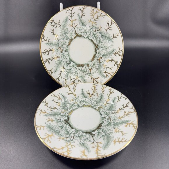 Antique R And Son Fine Porcelain Dish Plate Set 2 Dishes Plates Round IVY VTG - Picture 9 of 11